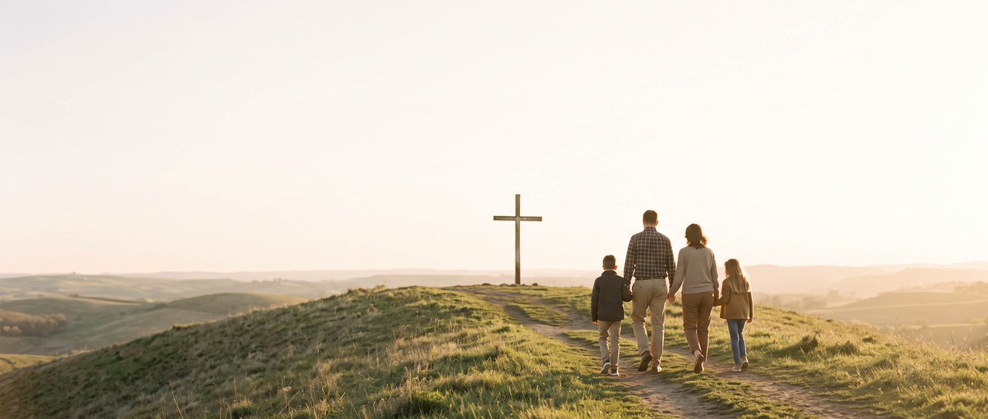 A family walking together toward a wooden cross at sunrise.